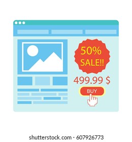 Buy button on blue web site purchase with 50 percent sale on white. Index finger points at red button. Good price for goods or service. Vector illustration of online payment in cartoon style.