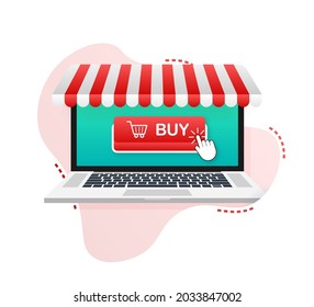 Buy button on laptop screen. Shopping Cart icon. Vector stock illustration.