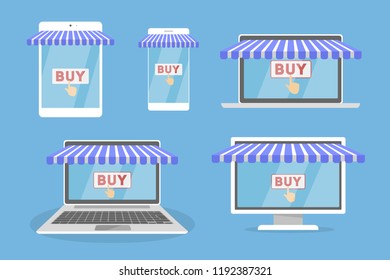 Buy button on the screen of different devices. Set of gadgets with online shop with red button. Flat vector illustration