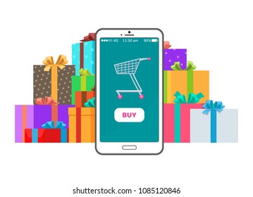Buy button on smartphone, exclusive offer sales with gifts,, shopping cart on mobile phone screen, vector illustration of e-commerce shop isolated