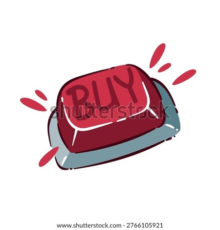 Buy button with red alert shape and flashing marks, showing impulse, urgency and fast trading decisions. Emotional pressure around a buy button in trading psychology, flat vector illustration.