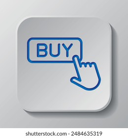 Buy button simple icon vector. Flat design. Paper cut design. Cutted blue symbol with shadow. Gray badge button, gray background.ai