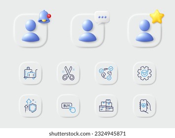 Buy button, Wholesale goods and Cogwheel line icons. Placeholder with 3d star, reminder bell, chat. Pack of Luggage trolley, Cut, Online voting icon. Health app, Improving safety pictogram. Vector