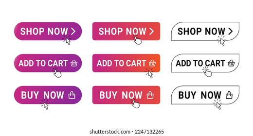 Buy buttons. Shop now banner with mouse click, shopping cart icon and buying with hand pointer cursor vector set. Online purchases in web store. E-commerce service, electronic order