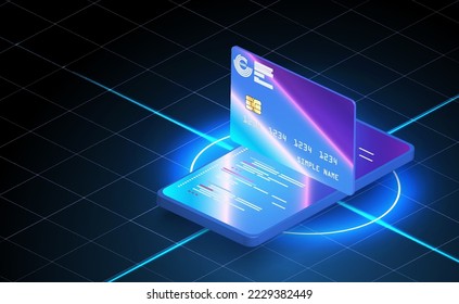 Buy by card, online payment app for smartphone and bank cards mockup vector illustration set Online in-app purchases, digital marketing, a credit card a box on the smartphone screen.