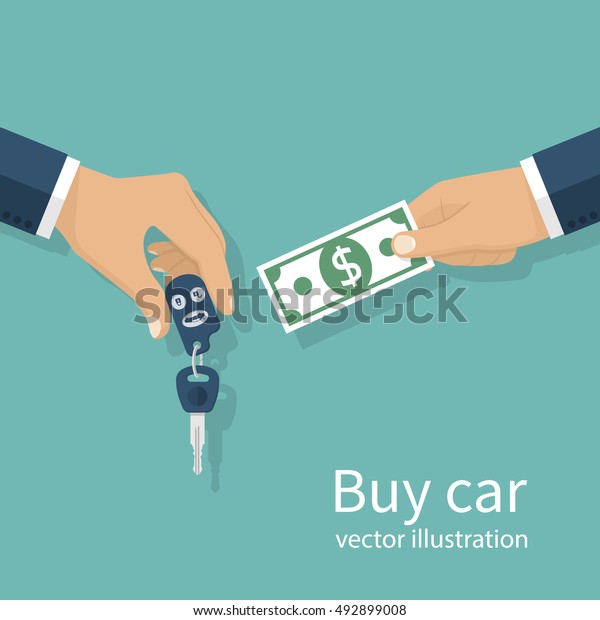 Buy car, concept. Vector illustration flat design.\
Isolated on background. Rent auto. Man giving keys in exchange for\
money.
