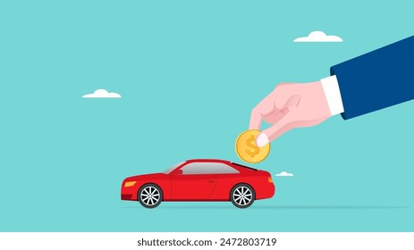 buy a car with installment, Car leasing or car loan, Businessman's hand puts gold coins into a new car concept vector illustration