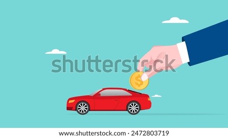 buy a car with installment, Car leasing or car loan, Businessman's hand puts gold coins into a new car concept vector illustration
