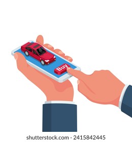 Buy a car online. A businessman using an application on a smartphone buys a car. Isometric abstract icon. Vector illustration 3d design. Isolated on a white background. 