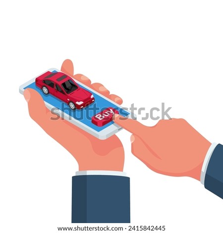 Buy a car online. A businessman using an application on a smartphone buys a car. Isometric abstract icon. Vector illustration 3d design. Isolated on a white background. 