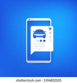buy car online with mobile app, e-commerce concept, vector