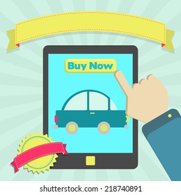 Buy car online through tablet. Buy car online through tablet. Colorful artwork. Blank ribbon and stamp for insert text.