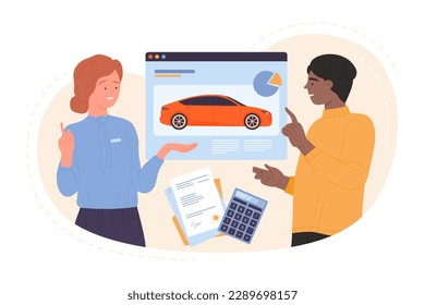 Buy car online vector illustration. Cartoon young male buyer and female dealer discuss auto purchase, insurance protection and contract paper documents, dealership service when buying automobile