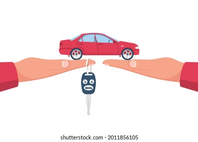 Buy car, rent concept. Vector illustration flat design. Isolated on background. Man trading agent holds in palm of car and key on finger, buyer client with money in hand. Best offer on the car price.