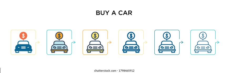 Buy a car vector icon in 6 different modern styles. Black, two colored buy a car icons designed in filled, outline, line and stroke style. Vector illustration can be used for web, mobile, ui