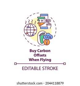 Buy carbon offsets when flying concept icon. Sustainable tour tips. Pay extra fee on top of flight cost idea thin line illustration. Vector isolated outline RGB color drawing. Editable stroke
