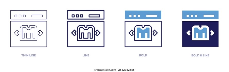 Buy clothes icon in 4 different styles. Thin Line, Line, Bold, and Bold Line. Duotone style. Editable stroke.