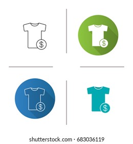 Buy clothes icon. Flat design, linear and glyph color styles. T-shirt with dollar sign. Isolated vector illustrations