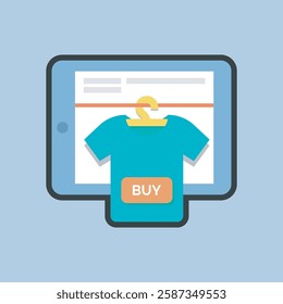 buy clothes on tablet screen in outline flat vector design.