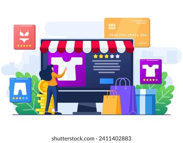 Buy clothes from online clothing store, Online shopping, Order online, e-commerce website, Digital or Virtual marketplace, Internet store flat illustration for landing page, web design, infographic