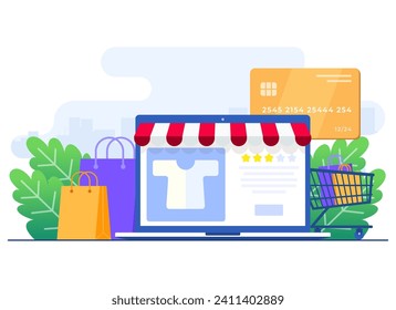 Buy clothes from online clothing store, Online shopping, Order online, e-commerce website, Digital or Virtual marketplace, Internet store flat illustration for landing page, web design, infographic