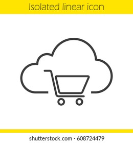 Buy cloud storage space linear icon. Shopping cart thin line illustration. Cloud computing contour symbol. Vector isolated outline drawing
