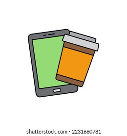 Buy coffee with phone icon in color, isolated on white background 