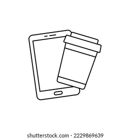 Buy coffee with phone icon in line style icon, isolated on white background