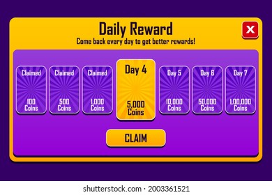 Buy coins screen for slot game. Vector illustration. Shop coins panel. a game asset with coins icons. vector epic game asset with coins icons and buttons. Game UI kit.