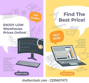 Compra ordenadores y aparatos electrónicos, gadgets y dispositivos para trabajar. Disfruta de precios de almacén en línea, encuentra el mejor costo en laptop. Swipe para comprar, banner promocional en tienda. Vector de estilo plano