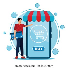Buy concept. A man holding a credit card beside a large smart phone with a shopping interface, symbolizing online purchasing and e-commerce.