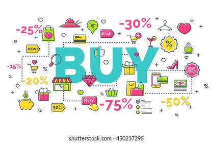 Buy concept with modern thin line icons on white background. Creative idea concept. Art style design for business idea, website banner. Vector Illustration