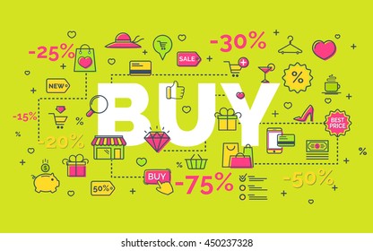 Buy concept with modern thin line icons on green background. Creative idea concept. Art style design for business idea, website banner. Vector Illustration