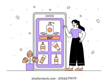 Buy cosmetics online linear. Woman near smartphone with creams and lotions. Beauty and spa treatments. Aesthetics and elegance. Doodle flat vector illustration isolated on white background