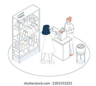 Buy cosmetics in the store - modern line design style isometric illustration on white background. Composition with seller and buyer purchasing a shampoo, body cream, lotion, or other product