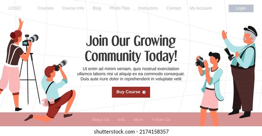 Buy course and learn how to take photos, join our growing community today. Hobby or professional improvement of skills, work opportunity. Website landing page, online page template. Vector in flat