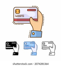 buy with credit card with hand vector icon isolated on white background. payment. filled line, outline, solid, blue, icon. Signs and symbols can be used for web, logo, mobile app, UI, UX
