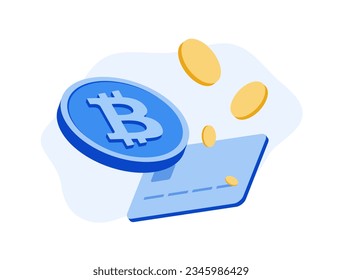 Buy Crypto with Credit Card concept. Convert Bitcoin from Debit Bank Card. Bitcoin vector isolated illustration on white background with icons