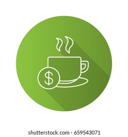Buy cup of tea flat linear long shadow icon. Hot steaming mug with dollar sign. Vector outline symbol
