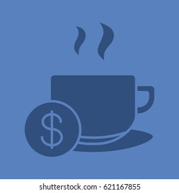 Buy cup of tea glyph color icon. Silhouette symbol. Hot steaming mug with dollar sign. Negative space. Vector isolated illustration