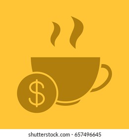 Buy cup of tea glyph color icon. Silhouette symbol. Hot steaming mug with dollar sign. Negative space. Vector isolated illustration
