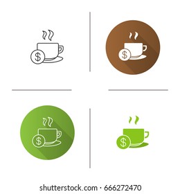 Buy cup of tea icon. Flat design, linear and glyph color styles. Hot steaming mug with dollar sign. Isolated vector illustrations