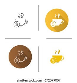 Buy cup of tea icon. Flat design, linear and glyph color styles. Hot steaming mug with dollar sign. Isolated vector illustrations