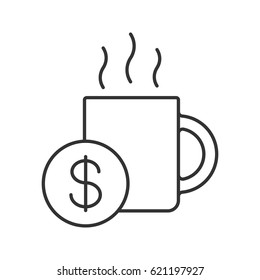 Buy cup of tea linear icon. Thin line illustration. Hot steaming mug with dollar sign contour symbol. Vector isolated outline drawing