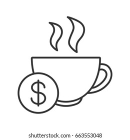 Buy cup of tea linear icon. Thin line illustration. Hot steaming mug with dollar sign. Contour symbol. Vector isolated outline drawing