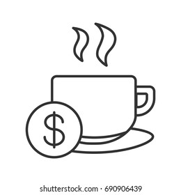 Buy cup of tea linear icon. Thin line illustration. Hot steaming mug with dollar sign. Contour symbol. Vector isolated outline drawing