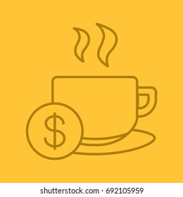 Buy cup of tea linear icon. Hot steaming mug with dollar sign. Thin line outline symbols on color background. Vector illustration