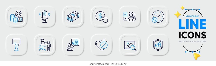 Compre moeda, contabilidade de orçamento e ícones de linha de projeto Bitcoin para o aplicativo Web. Pacote de tablet médico, Pesquisar foto, Mudar dinheiro pictograma ícones. Percentual de empréstimo, luminária, sinais de pílulas médicas. Vetor