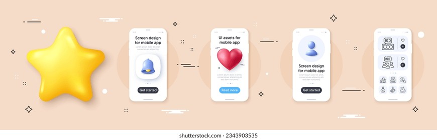 Buy currency, Cyber attack and Money bag line icons pack. Phone screen mockup with 3d bell, star and placeholder. Block diagram, Auction, Hot sale web icon. Fuel price, Bid offer pictogram. Vector