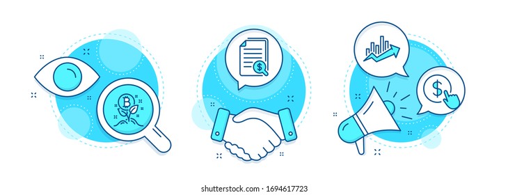 Buy currency, Financial documents and Bitcoin project line icons set. Handshake deal, research and promotion complex icons. Growth chart sign. Vector